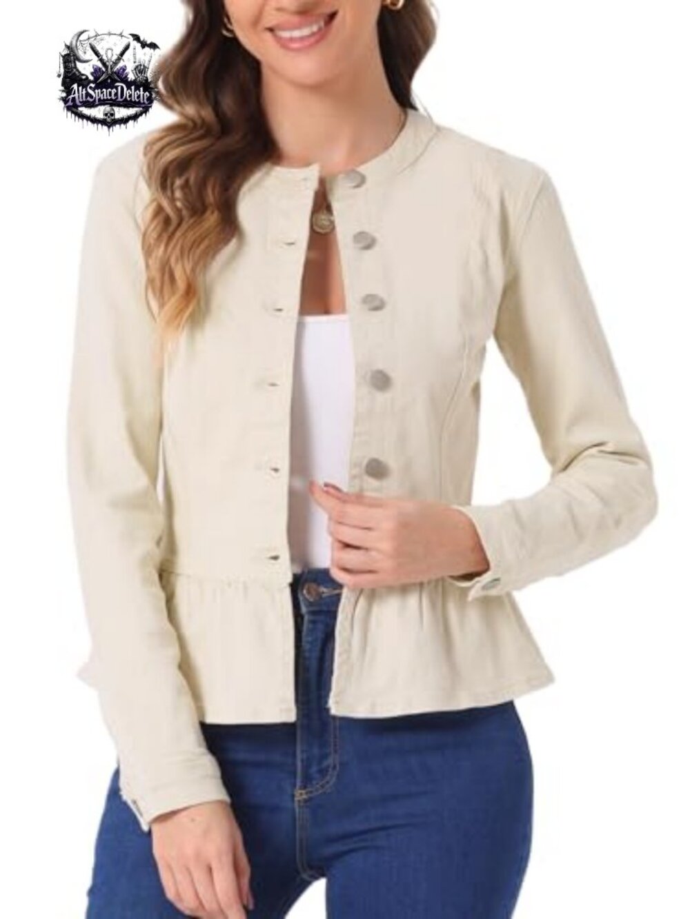 Womens Peplum Denim Jacket Collarless Ruffle Hem Puff Sleeve Jean Jacket
